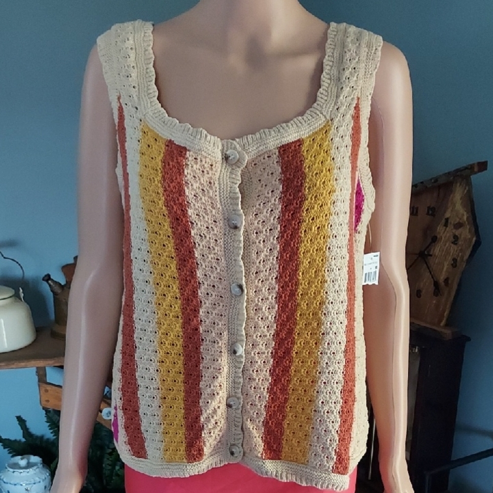 NWT, Striped Crochet Button-Up Tank Top